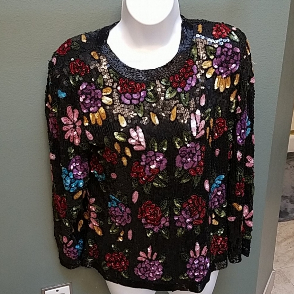 Floral Vintage Beaded Sequins Top Joseph Le Bon, Pure Silk Size Medium
